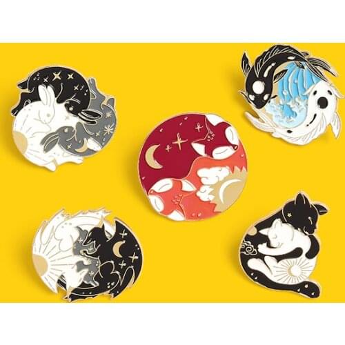 Custom Sun Moon Fox Koi Rabbit Bat Day and Night Enamel Pins Brooch Bag Clothes Lapel Pin Badge Black and white cat Jewelry Gift