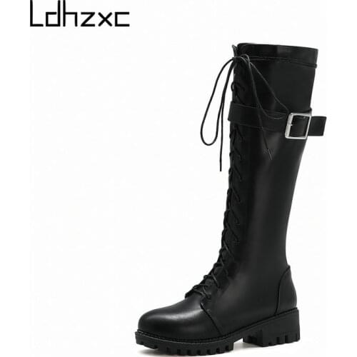 LDHZXC Hot Sale Autumn Lacing Knee High Boots Women Fashion Med Heel Woman Platform Leather Shoes Winter PU Large Size 44