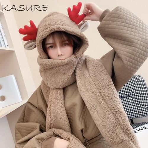 Kasure 2020 Fashion Winter Women Warm Novelty Hat Scarf With Deer Ear 3 in 1 Hoodie Earflap Cute Casual Solid Fleece Plush Cap