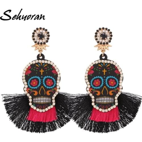 Sehouran Fashion Oorbellen Dangle Tassel Earrings For Women Multicolored Skull Pendant Fringed Drop Earrings Wedding Party Gifts