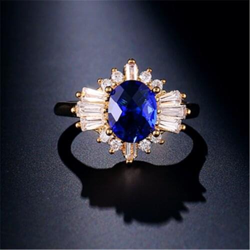 Hot Fashion Jewelry Size 6/7/8/9 Womens Yellow Gold Color Blue Crystal Rings Wedding Party Gift R007