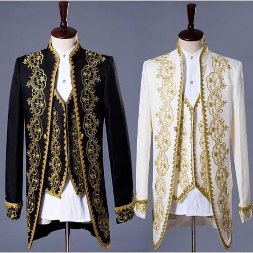 New suit mens dress palace suit suit studio opera performance European court dress black lace men suits 3piece jacket pant vest