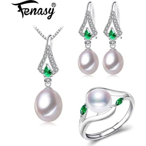 FENASY Trendy Pearl Jewelry Sets Pearl Pendant Necklace Earrings For Women fine Engagement Ring Leaves Emerald Leaf Earrings Set