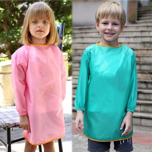 Hot Sale 1-12Y Children Drawing Long Sleeve Apron Bibs Solid Color Baby Bandana Bibs Waterproof Infant Eating Bib