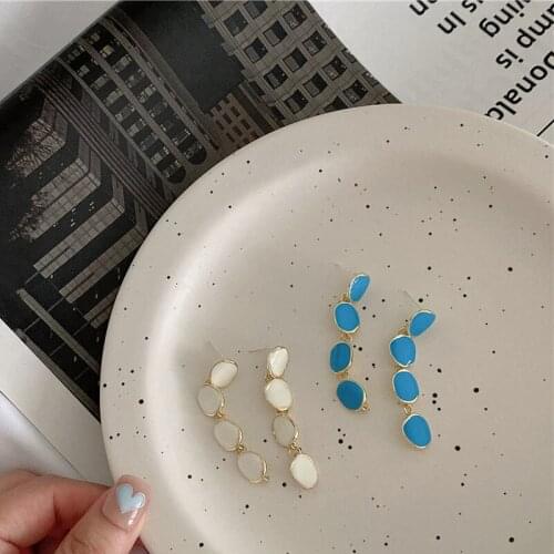 Origin Summer Korean Long Tassel Enamel Geometric Dangle Earring for Women Blue White Gold Color Metallic Earring Jewellery