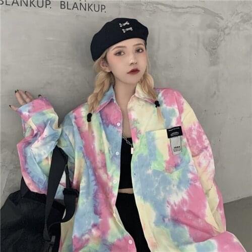 Original women wear tie-dye long-sleeved shirt Korean version ins loose street fashion hip-hop