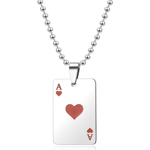 Hip Hop Poker Ace Hearts Necklace Stainless Steel Playing Card Red Heart Letter A Pendant Necklaces For Men Jewelry