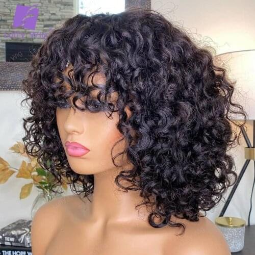 Short Curly Human Hair Wigs With Bangs Brazilian Remy Hair Machine O Scalp Top Wigs Glueless 200Density For Black Women Luffywig
