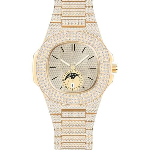 Cool Men Luxury Brand Diamond Watches Hip Hop Alloy Band Date Round Case Pointer Display Date Quartz Watch Relogio Masculino