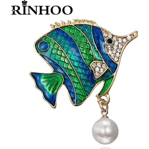 Rinhoo Lucky Fish Enamel Lapel Pins Sparkling Rhinestone Animal Goldfish Dolphin Whale Shark Brooch Clothes Badge Button Jewelry