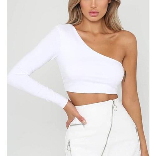 CDJLFH Sexy One Shoulder Crop Top T Shirt Women Diagonal Collar Long Sleeve Tshirt Slim Fit Casual Basic White Bodycon Tees Tops