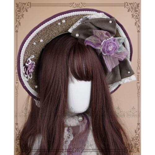 Lolita French style wedding Cosplay flower Bowknot Grass weaving flat small top hat Vintage Large eave cap Girly simple Headwear