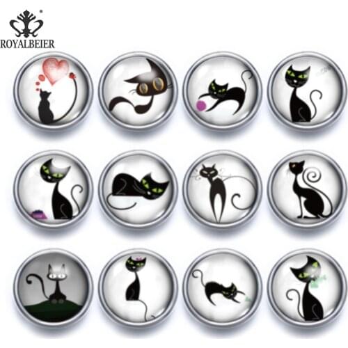 RoyalBeier 12pcs/lot 12mm Glass Snap Button Mix Colors Black Cat Patterns european beads glass For Women Snap Jewelry KZ1068