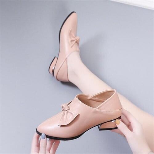 Spring Shoes Women 2021 New Genuine Leather Womens Shoes Pointed Toe Thick Heels Fashion Women Shoes Large Size 34-43