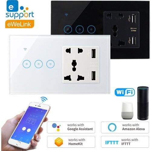 WiFi Smart Switch With Socket & USB Glass Panel Wall Light Switch Voice Touch Control 1/2/3-Gang Works with Alexa Google Home