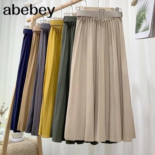 Spring Summer High Waist Womens Pleated Long Skirts with Belt 2021 New Korean Style Elegant Bling Party Skirts Female