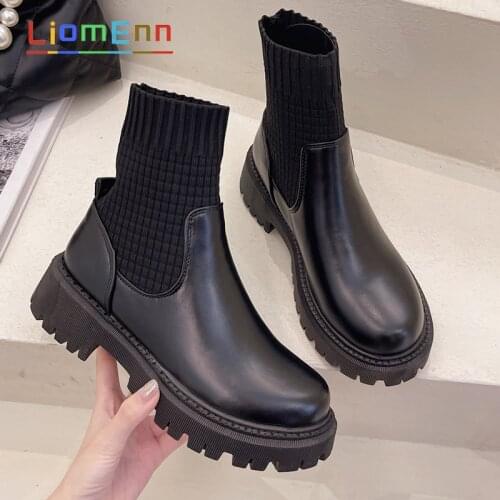 Womens Ankle Boots 2021 Fashion Slip On Black Sock Boots Female Punk Gothic Shoes Ladies Elegant Lolita Low Heels Short Boots