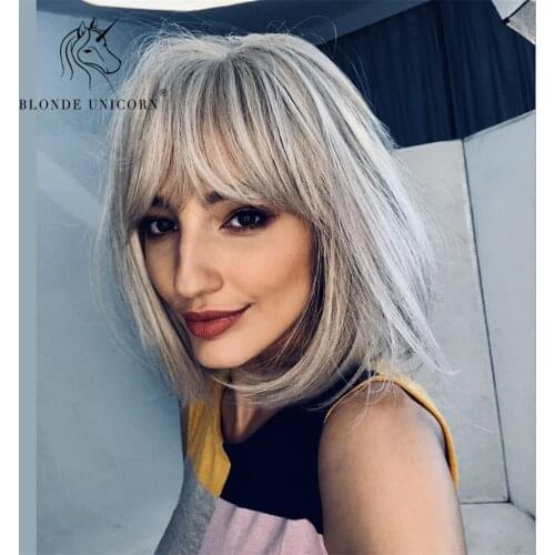 Womens Silver Gray Straight Bob Wig Resistant Synthetic Wig with Cap