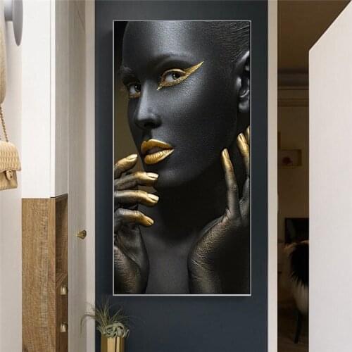Golden Fashion Sexy Black Woman No Frame Canvas Painting Posters and Prints Wall Art Picture for living Room Decor Free Shipping