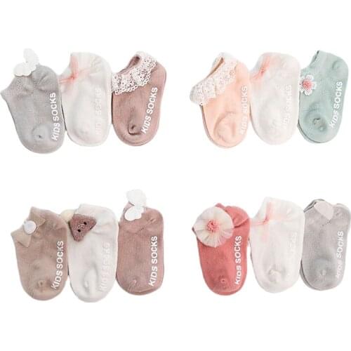 3 Pairs/lot 0 to 24M Spring Summer Baby Socks Solid Infant Toddler Floor Socks Soft Cotton Anti-slip Boat Socks For Baby Girls