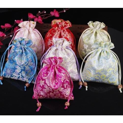 Happy Chinese Silk Pouch Satin Jewelry Bag Drawstring Small Gift Bags High Quality Fabric Floral Packaging Sachet 50pcs/lot