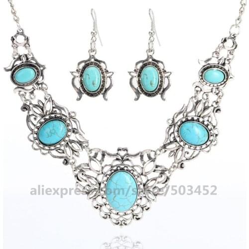 80pcs/lot Vintage Ethnic Women Silver Plated Pendant Necklace Sets Punk Bohemian Earrings Charms Elegant Retro Jewelry For Women