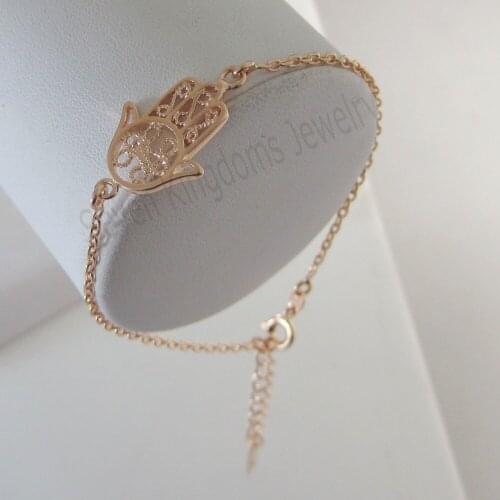 7.1"+1.8" LADY YELLOW GOLD GP OVERLAY HAMSA HAND SHAPED SPECIAL LINK BRACELET/COLOR IS A LITTLE RED