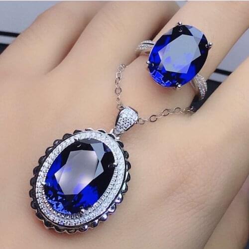 Silver Plated Oval Shape Section Blue Crystal Pendant Link Chain Necklace Resizable Ring for Women Jewelry Sets