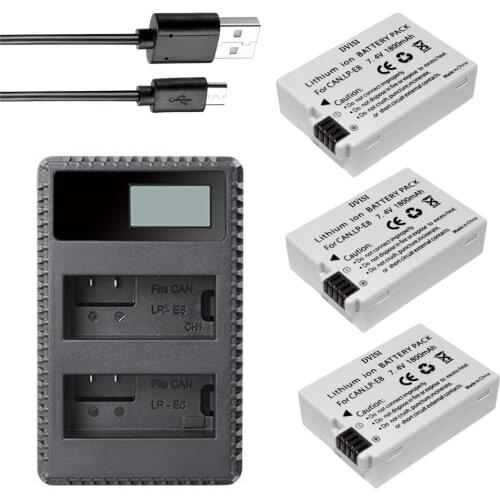 DVISI 3pcs Batteries LP-E8 LP E8 Rechargeable Camera Battery + USB LCD Dual Charger For Canon 550D 600D Rebel T2i EOS Kiss X4