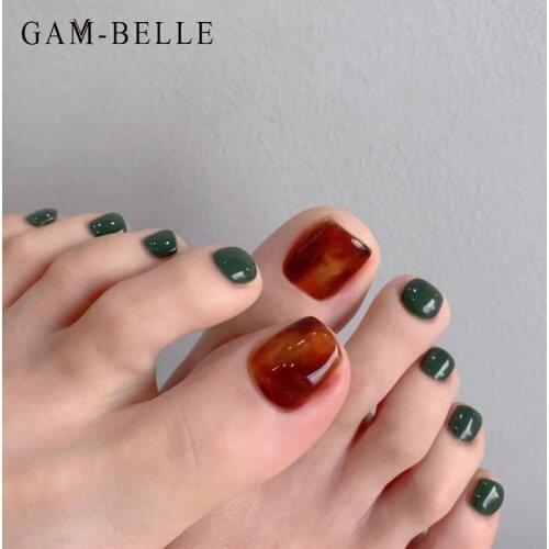 GAM-BELLE Blooming Green Jelly Fake Toe Nails Detachable French Square Full Cover Artificial False Toenails Beauty Manicure Tool