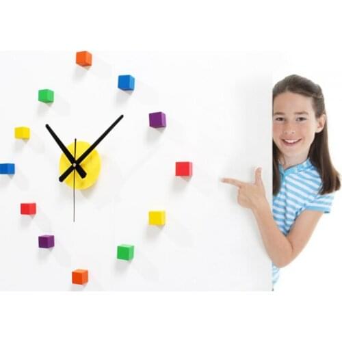 DIY Giant Wall Clock Simple Modern Design DIY 3D Little Cube Sticker Wood Wall Clock Home Decor Wall Watch