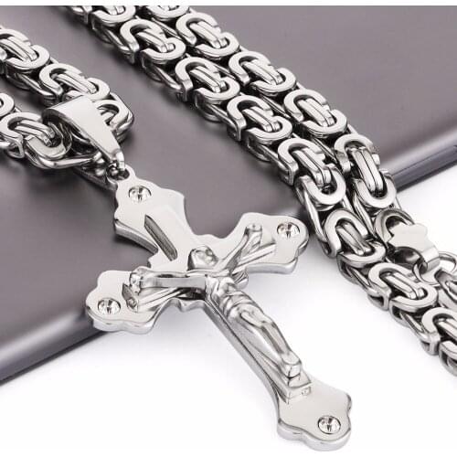 Smooth Caver Jesus Cross Pendant Choker Necklace Fashion Jewelry Father Gift 21.65" 6mm Colar Link Byzantine Chain Men MN61