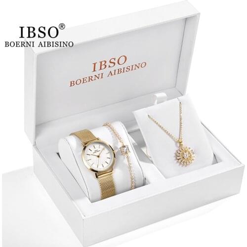 IBSO Watches Women Fashion 2021 3pcs Set Luxury Gold Stainless Steel Mesh Watch Zircon Bracelet Ladies Japan Quartz Wrist Watch