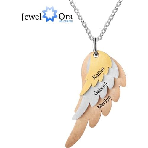 Personalized Wings Necklace with 3 Names Mixed Steel & Rose Gold & Gold Color Custom Family Engraved Necklace(JewelOra NE103785)