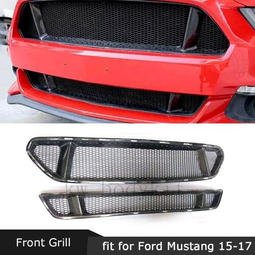 Carbon Fiber Material Front Bumper Mesh Grille FRP Unpainted Black Grills Covers For Ford Mustang 2015 2016 2017 Car Styling