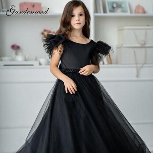 Gardenwed A-line Ivory Classic Flower Girl Dresses Simple Tulle Feather Celebrity Dress Kids Puffy Long Gown,Prom Dress,Vestidos