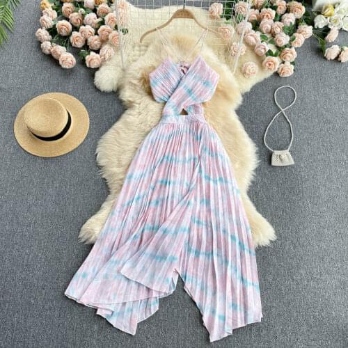 Summer Womens Dress Beach Resort Style V-neck Print Lace-up Suspender Dress New Halter Female Waist Dresses FC356