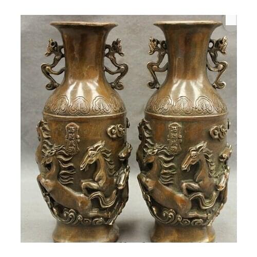 Copper Brass CHINESE crafts decor ation Asian 10" Chinese Bronze Copper Wealth Dragon 8 Horse Statue Pot Vase Pair