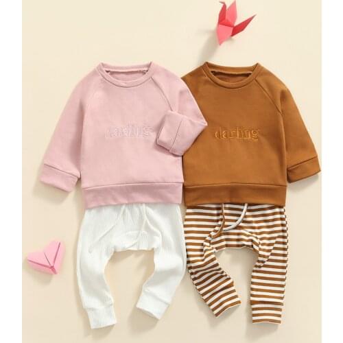 2021 0-5Y Casual Kids Baby Girl Boy Clothing Set DARLING Letter Embroidery Long Sleeve Sweatshirt+Striped/Solid Pants Fall 2pcs