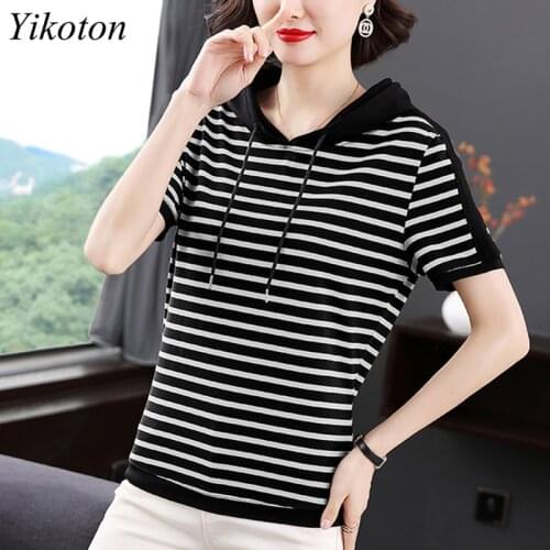 Fashion Ladies T-shirts 100% Cotton Women Short Sleeve Hooded Drawstring Striped Plus Size 4XL Loose Casual T Shirts Female Top