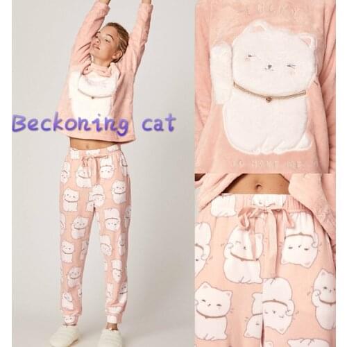 Cartoon Pijamas Women Beckoning Cute Lucky Cat Thick Warm Flannel Pajamas Set 2021 New Winter Home Service