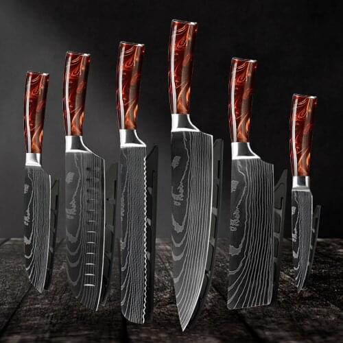 6 PCS Japanese Kitchen knives Set Professional Chef Knives Red Handle Laser Damascus Pattern Santoku Cleaver Slicing