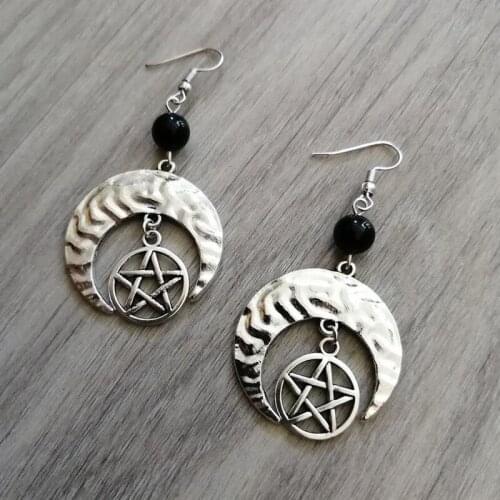 New Crescent Moon Protective Pentagram Earring Beads Onyx Black Witchy Fashion Wicca Pagan Magic Goth Jewelry Women Gift 2021
