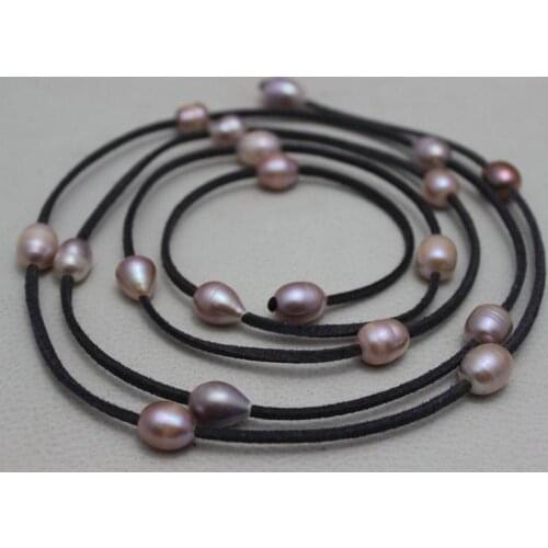 New Arriver Leather Pearl Jewelry Dark Gray Leather Natural Purple Freshwater Pearl Necklace 10x12mm 48 inches