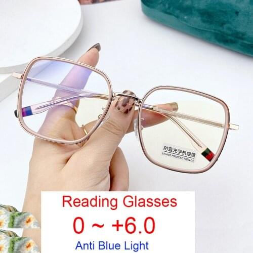 Fashion Anti-Blue Radiation Reading Glasses Oversized Square Eyeglasses Frame Women Men Optical Prescription Glasses Plus 2 3 4