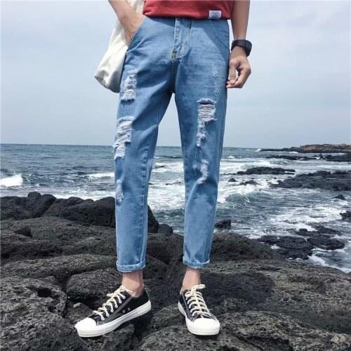 Wholesale 2020 spring autumn Male ripped hole feet mens ankle length trousers jeans handsome teenagers cowboy pencil pants