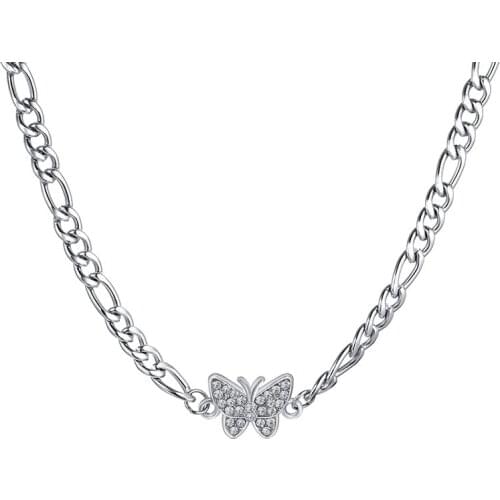 Cubic Zirconia Butterfly Necklace for Women Stainless Steel Figaro Chain Wife Girlfriend Friends Gifts
