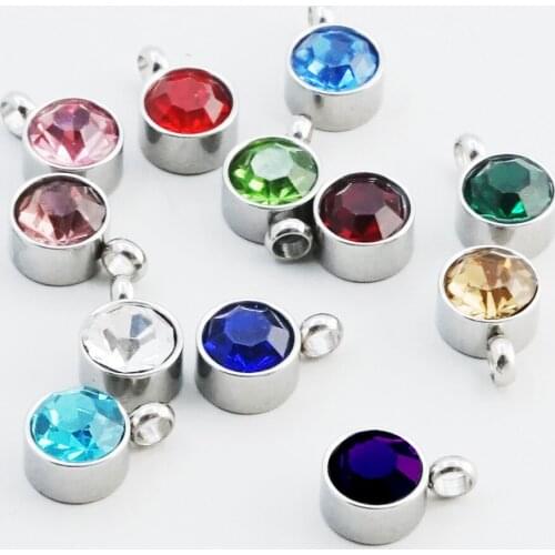 12pcs/Lot Stainless Steel Birthstone Charms 6mm Rhinestones Month Birth Pendants For DIY Jewelry Making Necklace