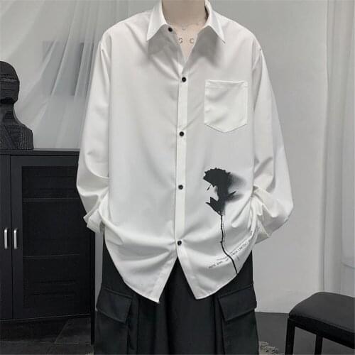 Fashion Long Sleeve Shirts Men Casual Autumn Rose Print Shirt Homme Hip Hop Male Harajuku Loose Tops Punk Funny Blouse Shirt