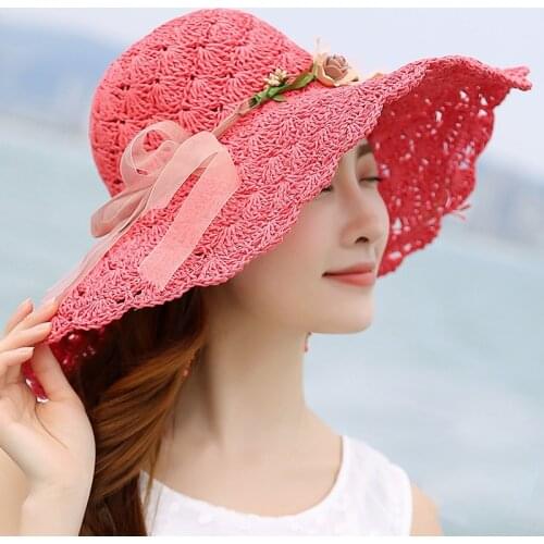 Summer Flower Raffia Bow Sun Hat for Women Large Brimmed Hat Folding Beach Sun Protection Straw Hat NYZ Shop